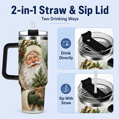 #pl[40oz|Black] Camouflage Santa Claus 40oz Handled Tumbler, Woodland Holiday Design