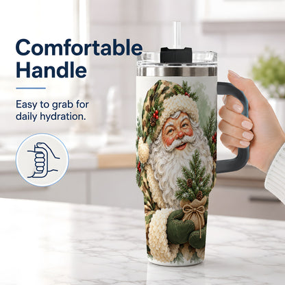 #pl[40oz|Black] Camouflage Santa Claus 40oz Handled Tumbler, Woodland Holiday Design