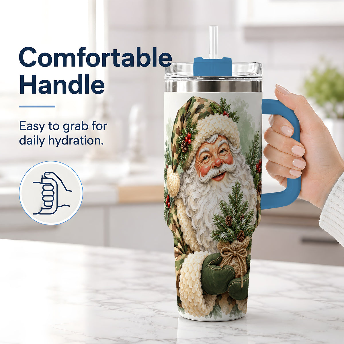 #pl[40oz|Blue] Camouflage Santa Claus 40oz Handled Tumbler, Woodland Holiday Design