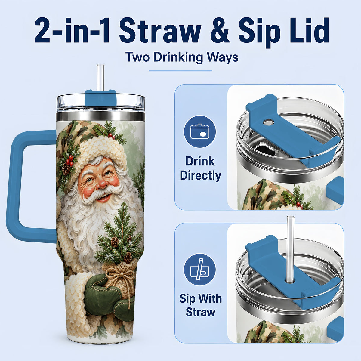 #pl[40oz|Blue] Camouflage Santa Claus 40oz Handled Tumbler, Woodland Holiday Design