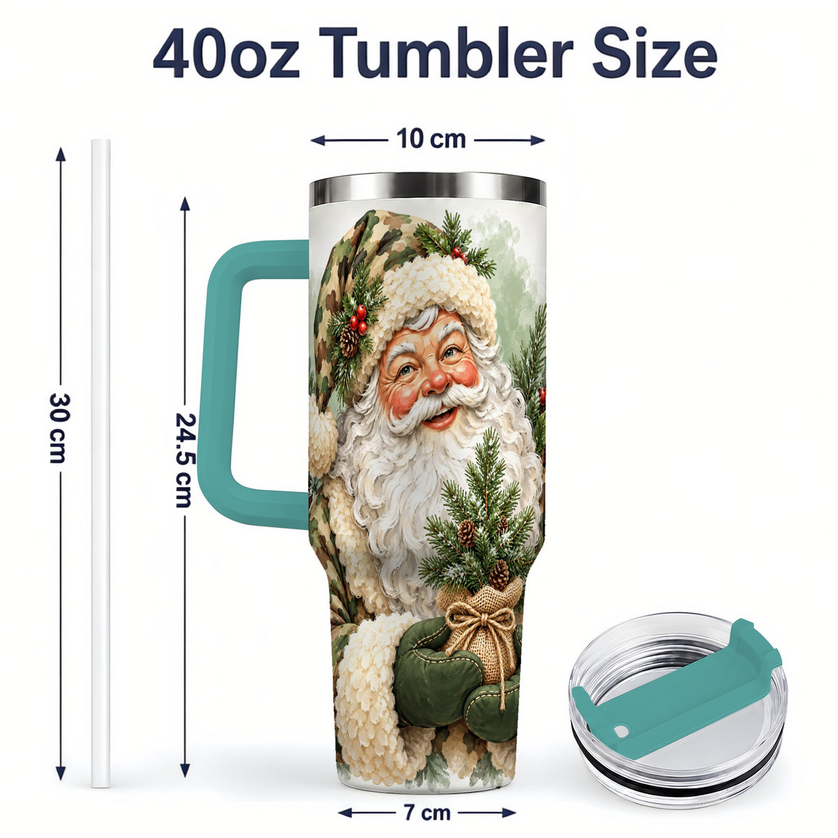 #pl[40oz|Green] Camouflage Santa Claus 40oz Handled Tumbler, Woodland Holiday Design