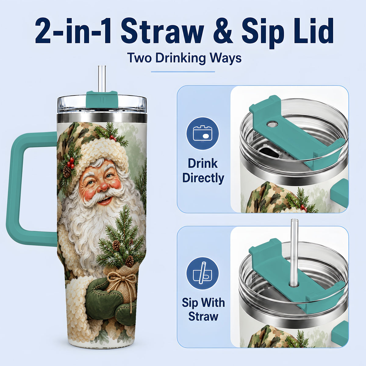 #pl[40oz|Green] Camouflage Santa Claus 40oz Handled Tumbler, Woodland Holiday Design