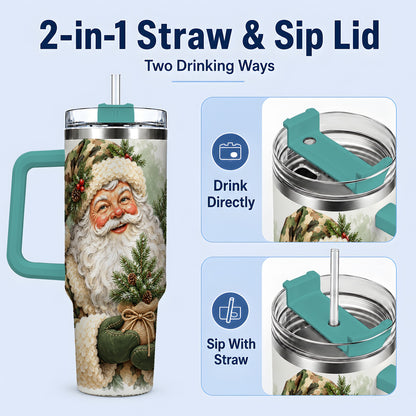 #pl[40oz|Green] Camouflage Santa Claus 40oz Handled Tumbler, Woodland Holiday Design
