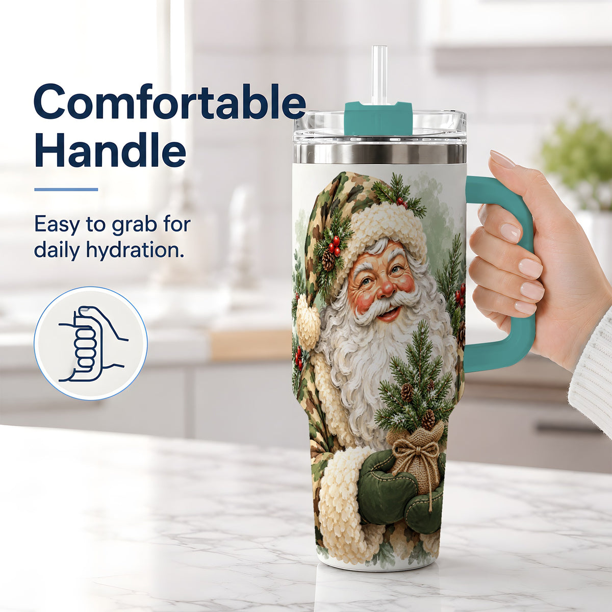 #pl[40oz|Green] Camouflage Santa Claus 40oz Handled Tumbler, Woodland Holiday Design
