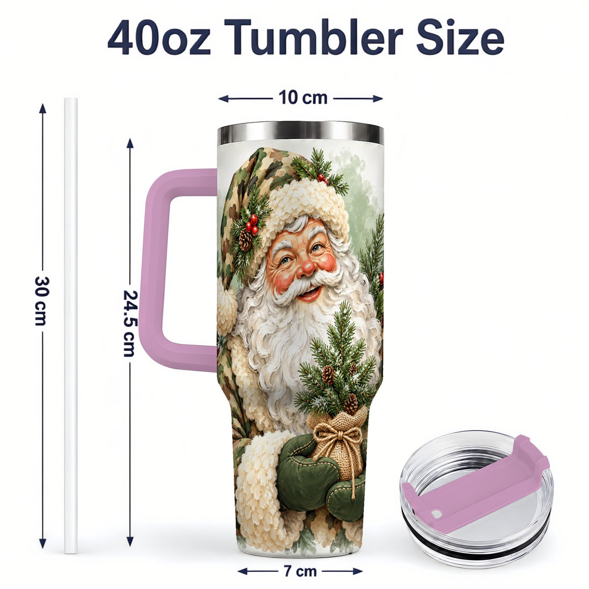 #pl[40oz|Pink] Camouflage Santa Claus 40oz Handled Tumbler, Woodland Holiday Design