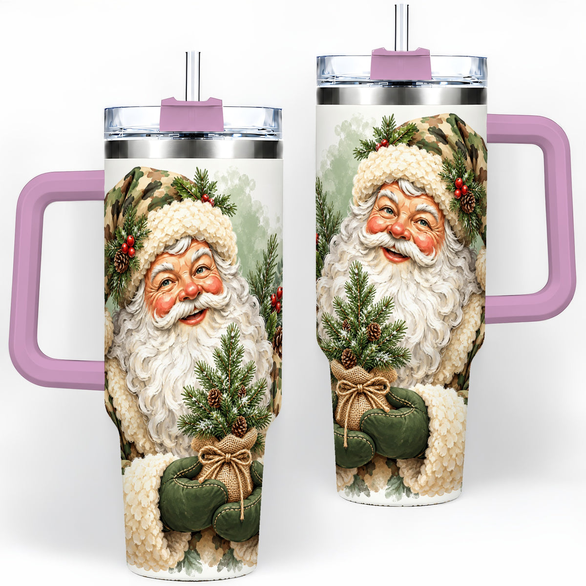 #pl[40oz|Pink] Camouflage Santa Claus 40oz Handled Tumbler, Woodland Holiday Design