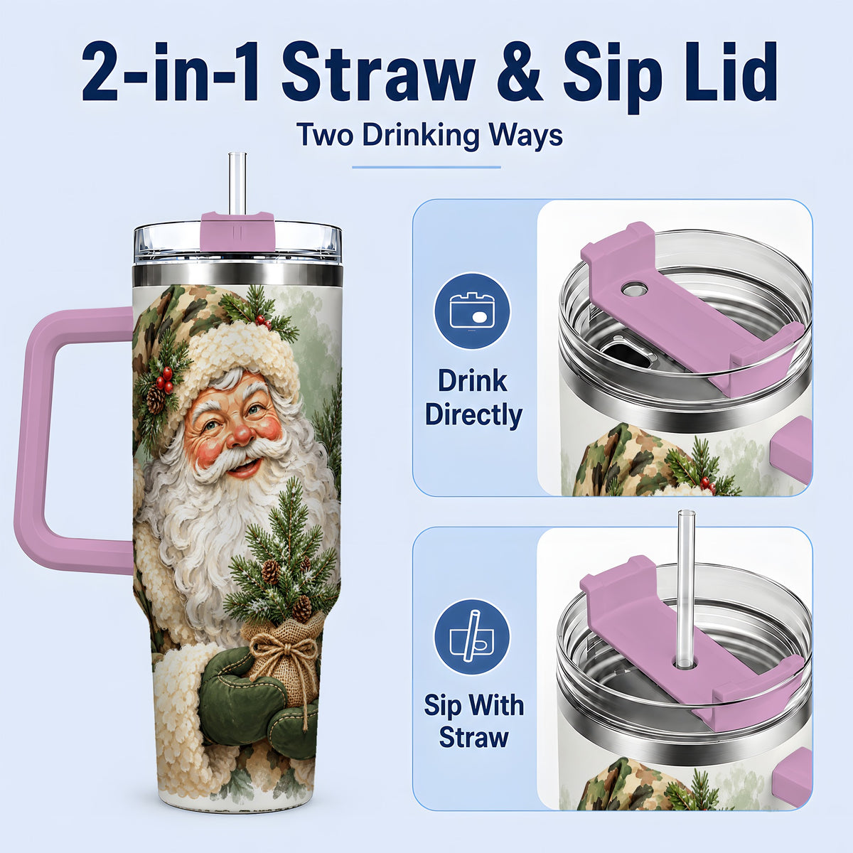 #pl[40oz|Pink] Camouflage Santa Claus 40oz Handled Tumbler, Woodland Holiday Design