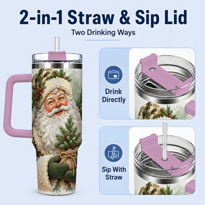 #pl[40oz|Pink] Camouflage Santa Claus 40oz Handled Tumbler, Woodland Holiday Design