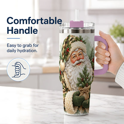 #pl[40oz|Pink] Camouflage Santa Claus 40oz Handled Tumbler, Woodland Holiday Design