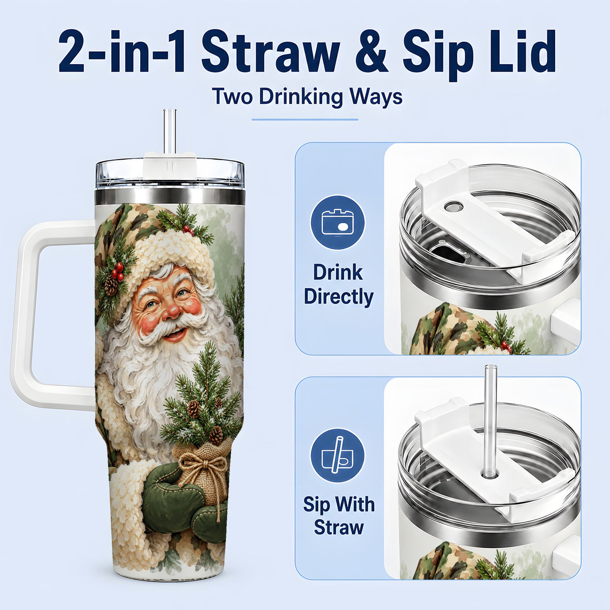 #pl[40oz|White] Camouflage Santa Claus 40oz Handled Tumbler, Woodland Holiday Design