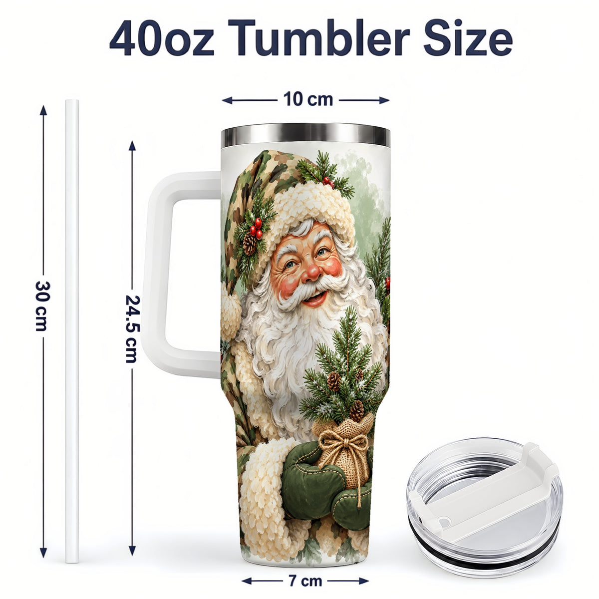 #pl[40oz|White] Camouflage Santa Claus 40oz Handled Tumbler, Woodland Holiday Design