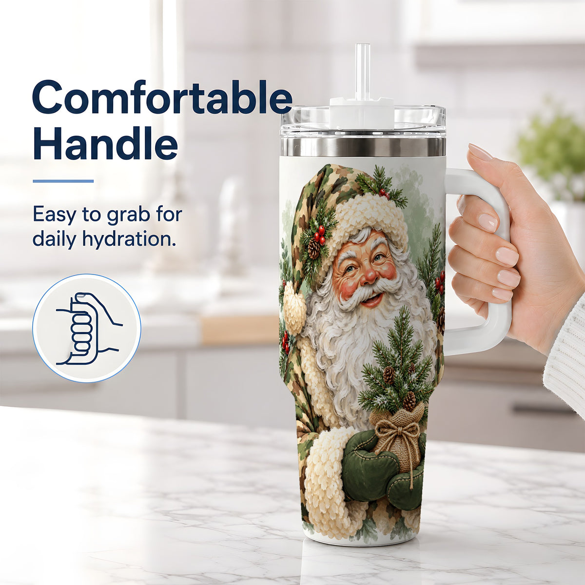 #pl[40oz|White] Camouflage Santa Claus 40oz Handled Tumbler, Woodland Holiday Design