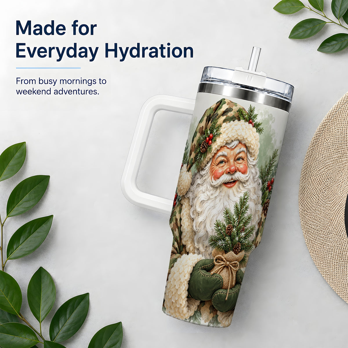 Camouflage Santa Claus 40oz Handled Tumbler, Woodland Holiday Design