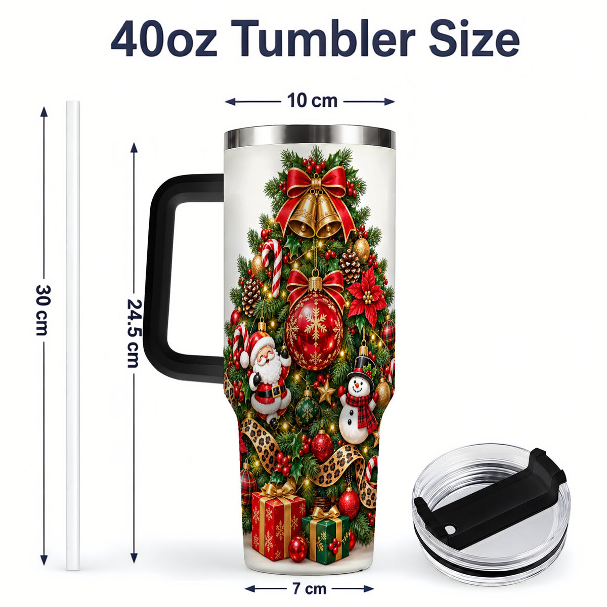 #pl[40oz|Black] Leopard Ribbon Christmas Tree 40oz Handled Tumbler, Festive Holiday Art