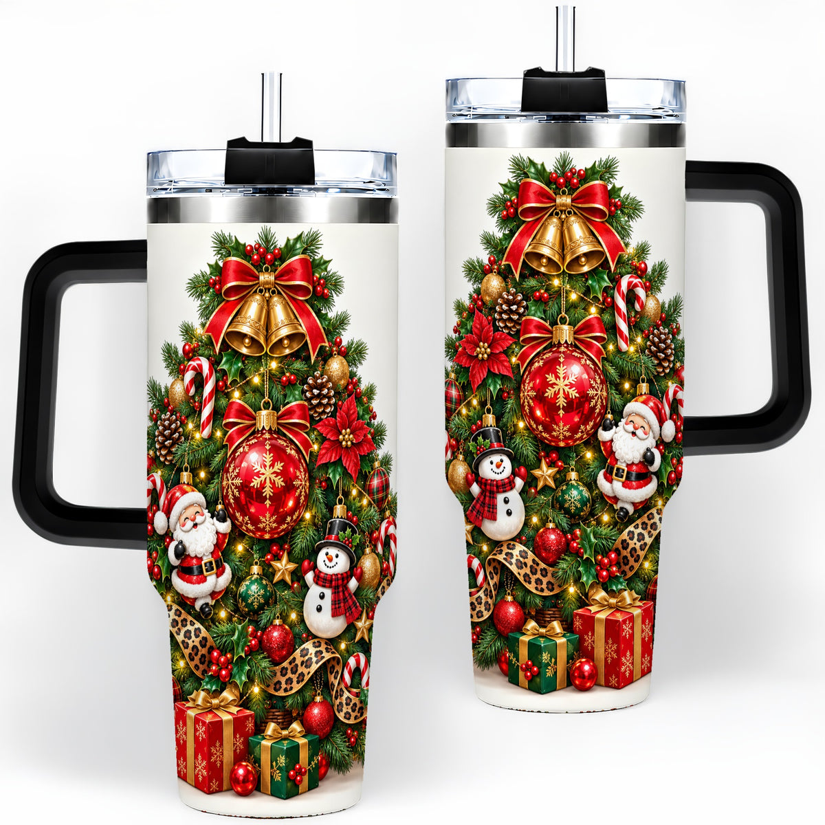 #pl[40oz|Black] Leopard Ribbon Christmas Tree 40oz Handled Tumbler, Festive Holiday Art