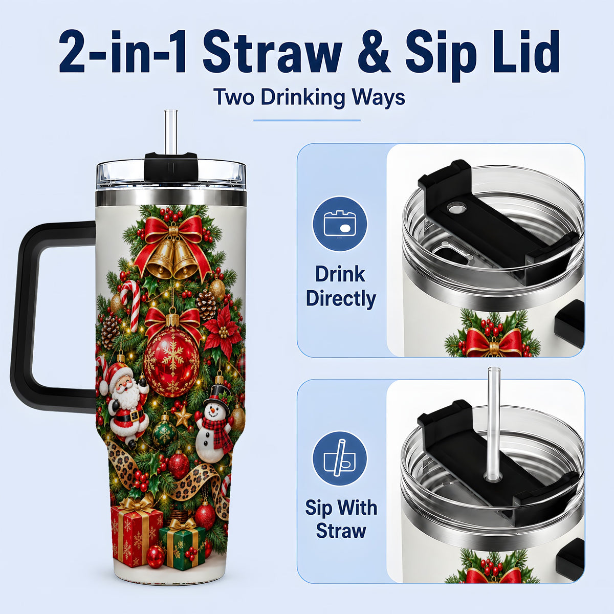 #pl[40oz|Black] Leopard Ribbon Christmas Tree 40oz Handled Tumbler, Festive Holiday Art