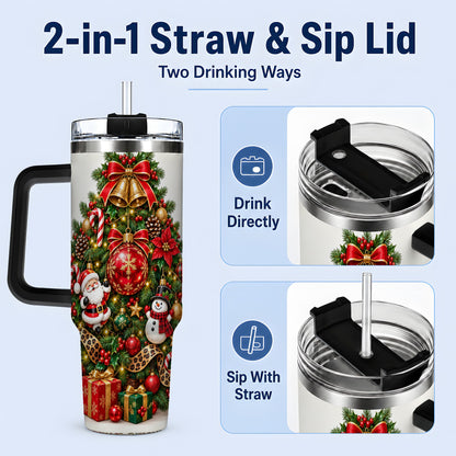 #pl[40oz|Black] Leopard Ribbon Christmas Tree 40oz Handled Tumbler, Festive Holiday Art