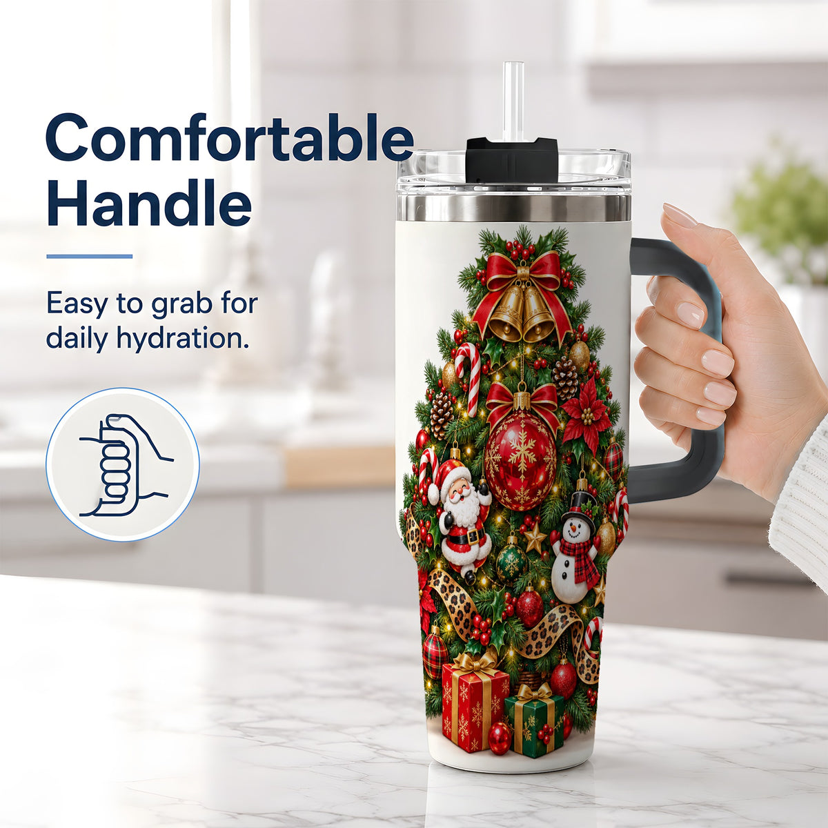 #pl[40oz|Black] Leopard Ribbon Christmas Tree 40oz Handled Tumbler, Festive Holiday Art