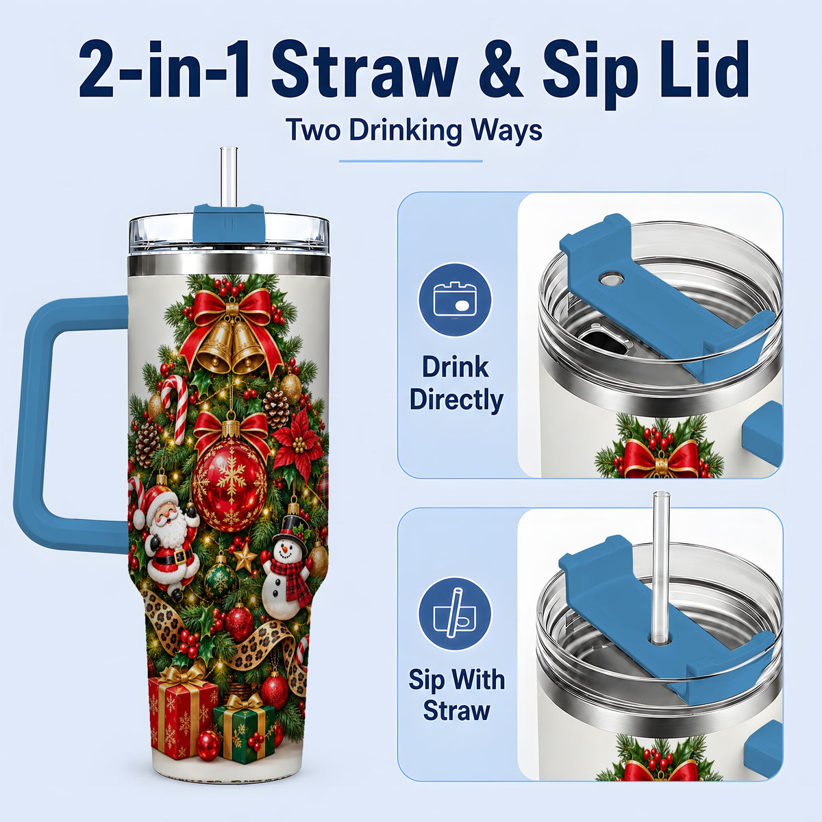#pl[40oz|Blue] Leopard Ribbon Christmas Tree 40oz Handled Tumbler, Festive Holiday Art