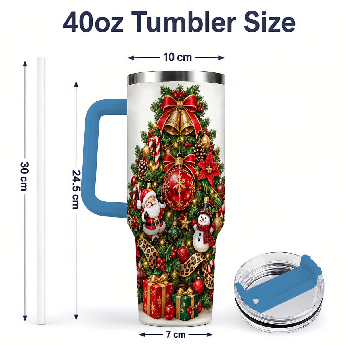 #pl[40oz|Blue] Leopard Ribbon Christmas Tree 40oz Handled Tumbler, Festive Holiday Art