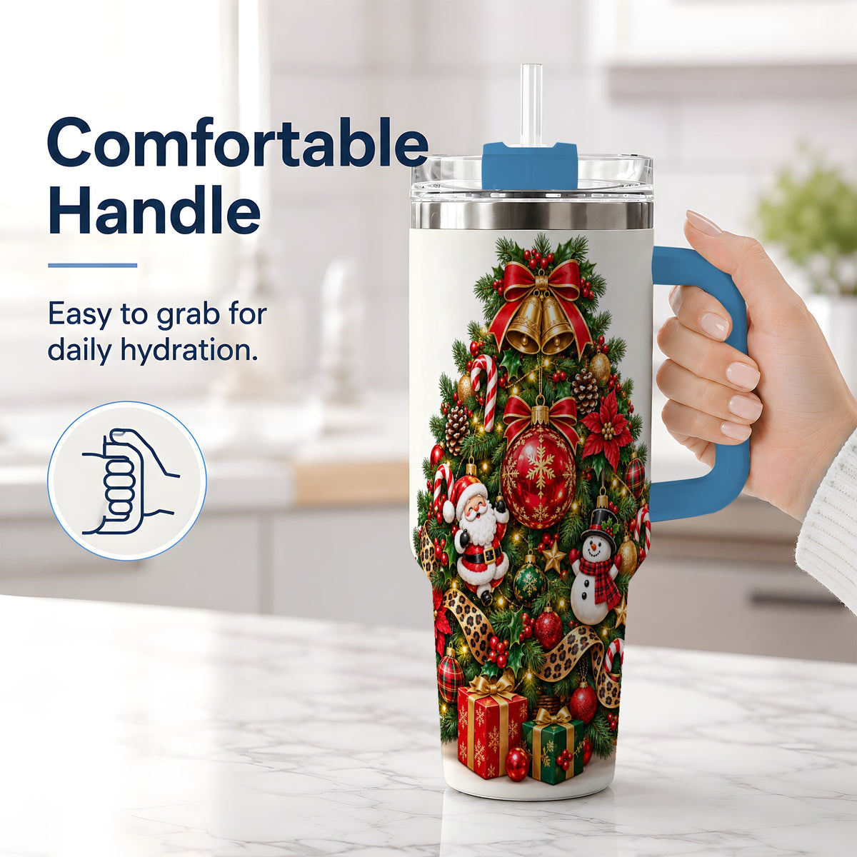 #pl[40oz|Blue] Leopard Ribbon Christmas Tree 40oz Handled Tumbler, Festive Holiday Art