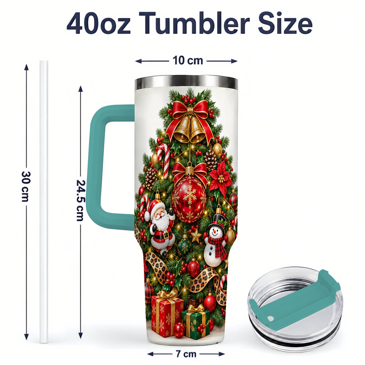 #pl[40oz|Green] Leopard Ribbon Christmas Tree 40oz Handled Tumbler, Festive Holiday Art