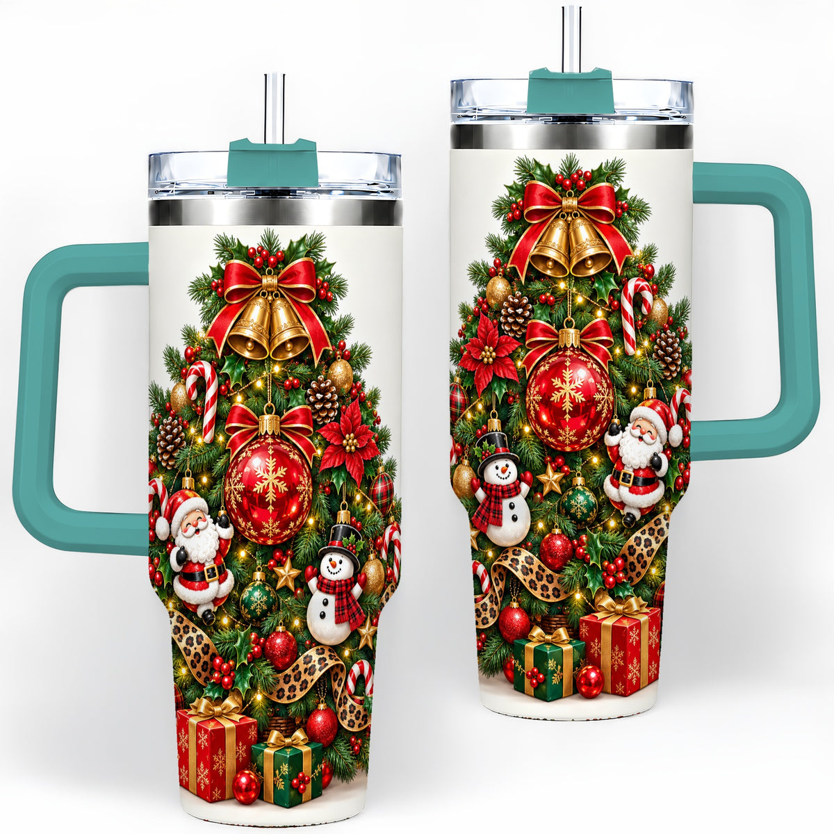 #pl[40oz|Green] Leopard Ribbon Christmas Tree 40oz Handled Tumbler, Festive Holiday Art