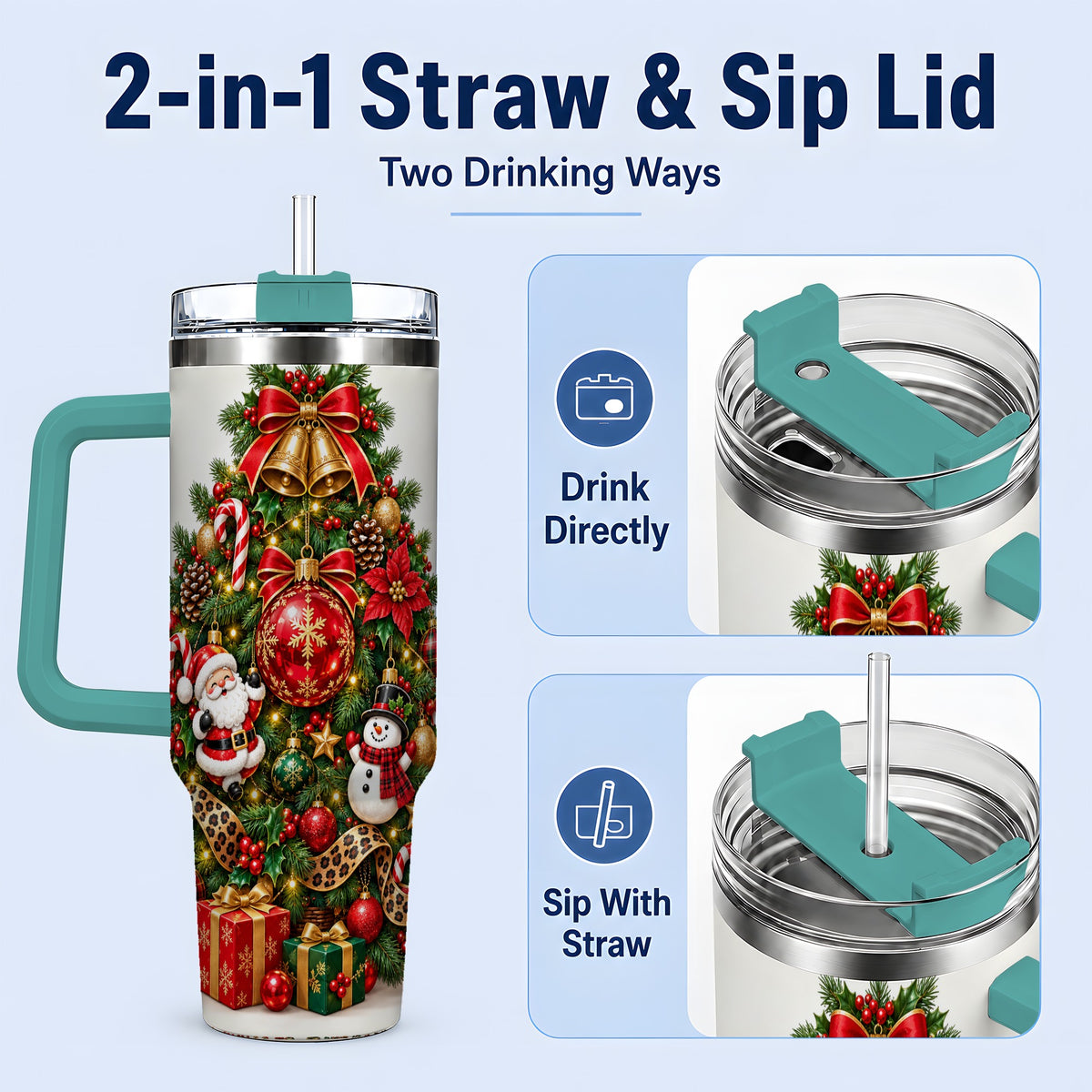 #pl[40oz|Green] Leopard Ribbon Christmas Tree 40oz Handled Tumbler, Festive Holiday Art
