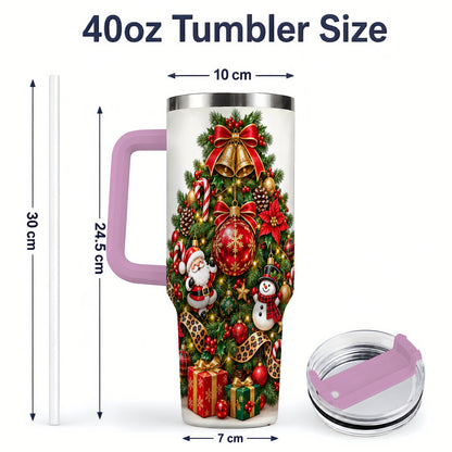 #pl[40oz|Pink] Leopard Ribbon Christmas Tree 40oz Handled Tumbler, Festive Holiday Art