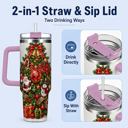 #pl[40oz|Pink] Leopard Ribbon Christmas Tree 40oz Handled Tumbler, Festive Holiday Art