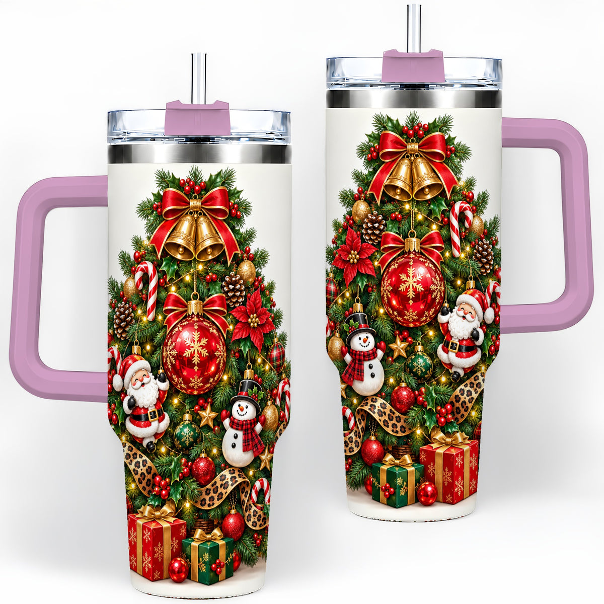 #pl[40oz|Pink] Leopard Ribbon Christmas Tree 40oz Handled Tumbler, Festive Holiday Art