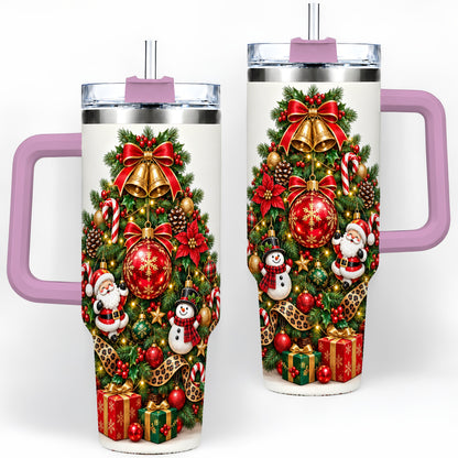 #pl[40oz|Pink] Leopard Ribbon Christmas Tree 40oz Handled Tumbler, Festive Holiday Art