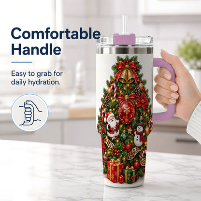 #pl[40oz|Pink] Leopard Ribbon Christmas Tree 40oz Handled Tumbler, Festive Holiday Art