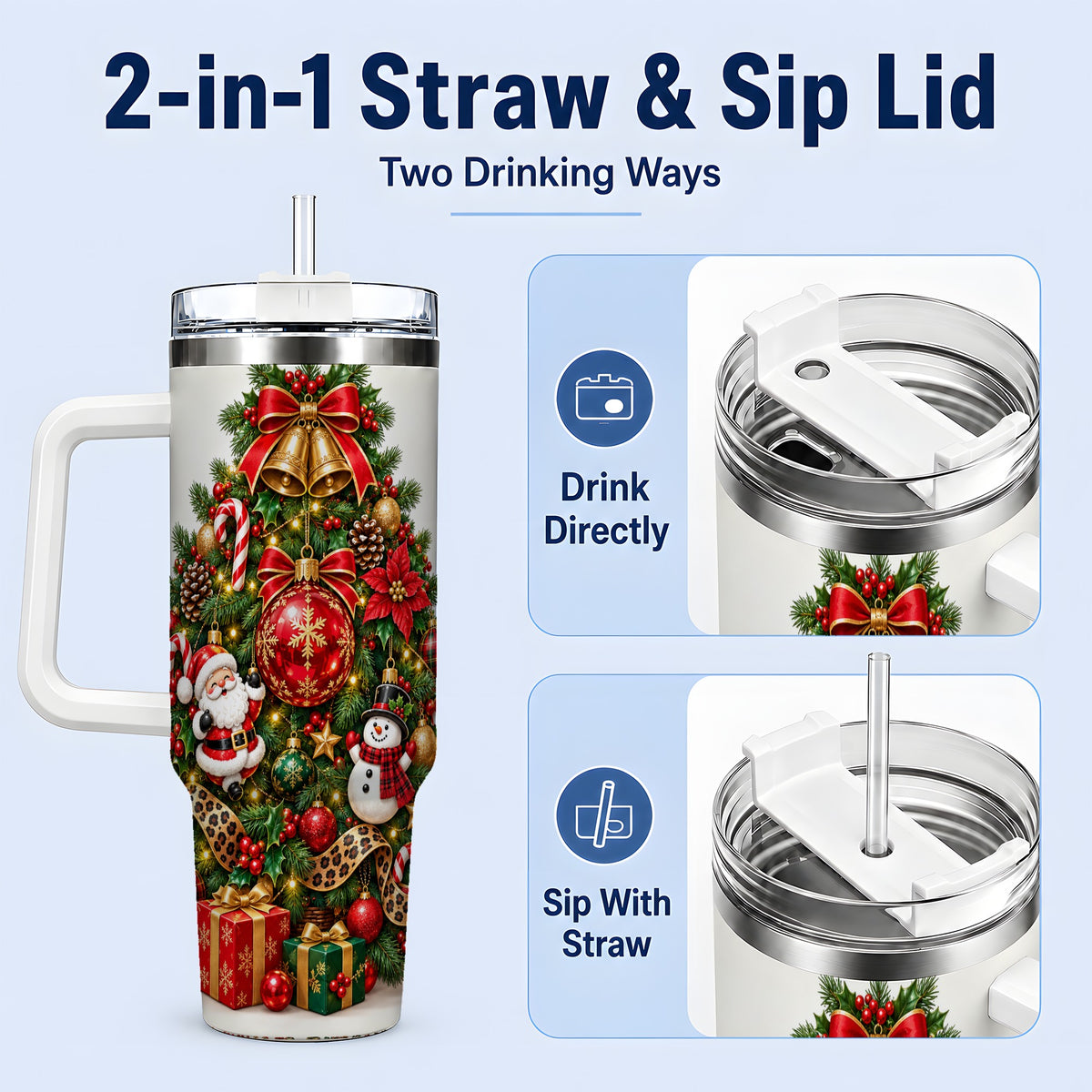 #pl[40oz|White] Leopard Ribbon Christmas Tree 40oz Handled Tumbler, Festive Holiday Art