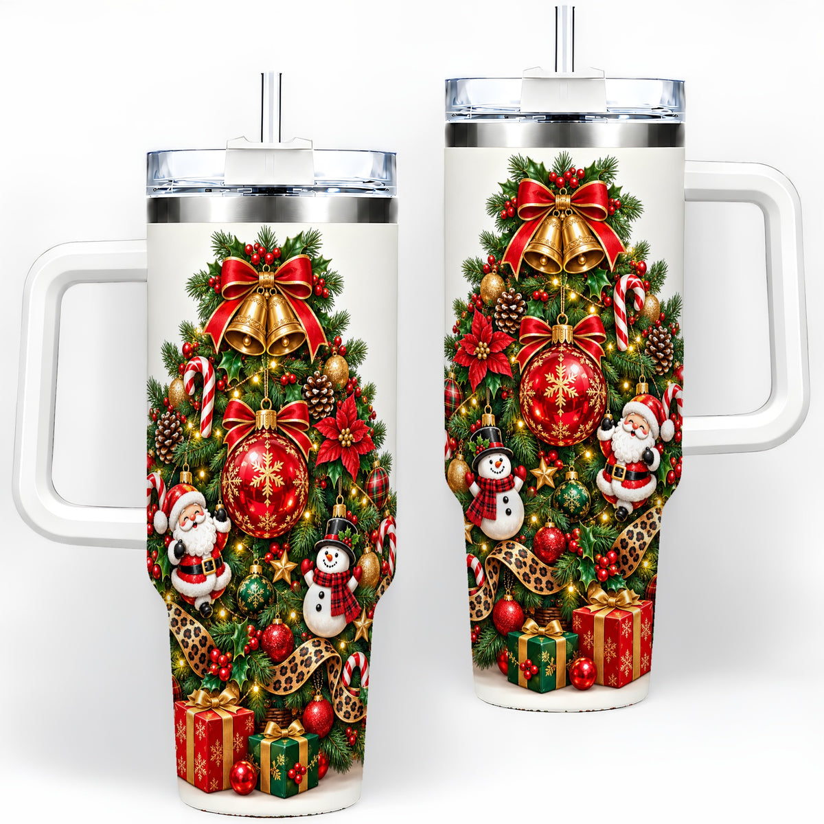 Leopard Ribbon Christmas Tree 40oz Handled Tumbler, Festive Holiday Art