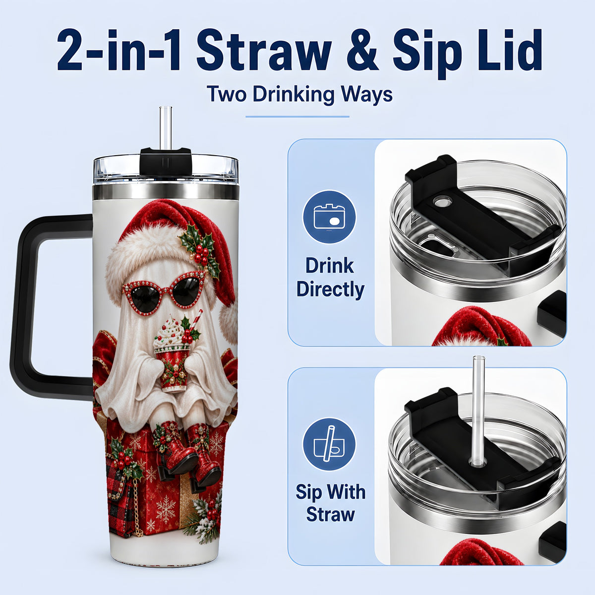 #pl[40oz|Black] Christmas Ghost 40oz Handled Tumbler, Festive Sunglasses Ghost Design