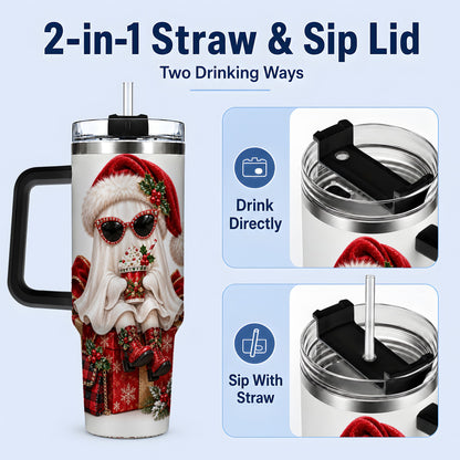 #pl[40oz|Black] Christmas Ghost 40oz Handled Tumbler, Festive Sunglasses Ghost Design