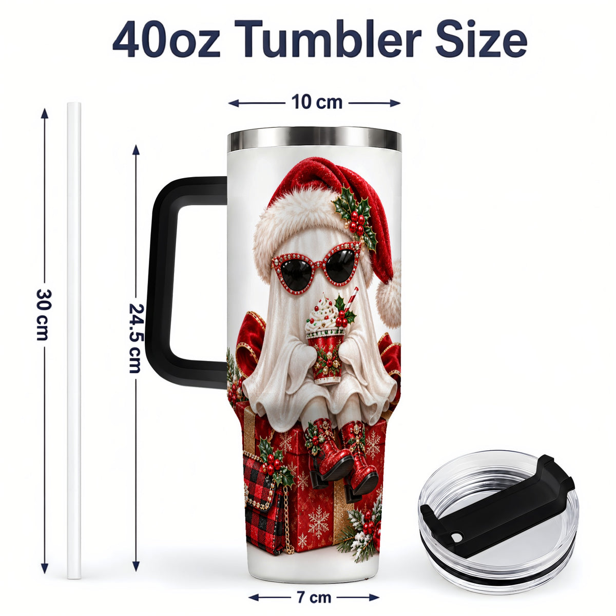 #pl[40oz|Black] Christmas Ghost 40oz Handled Tumbler, Festive Sunglasses Ghost Design