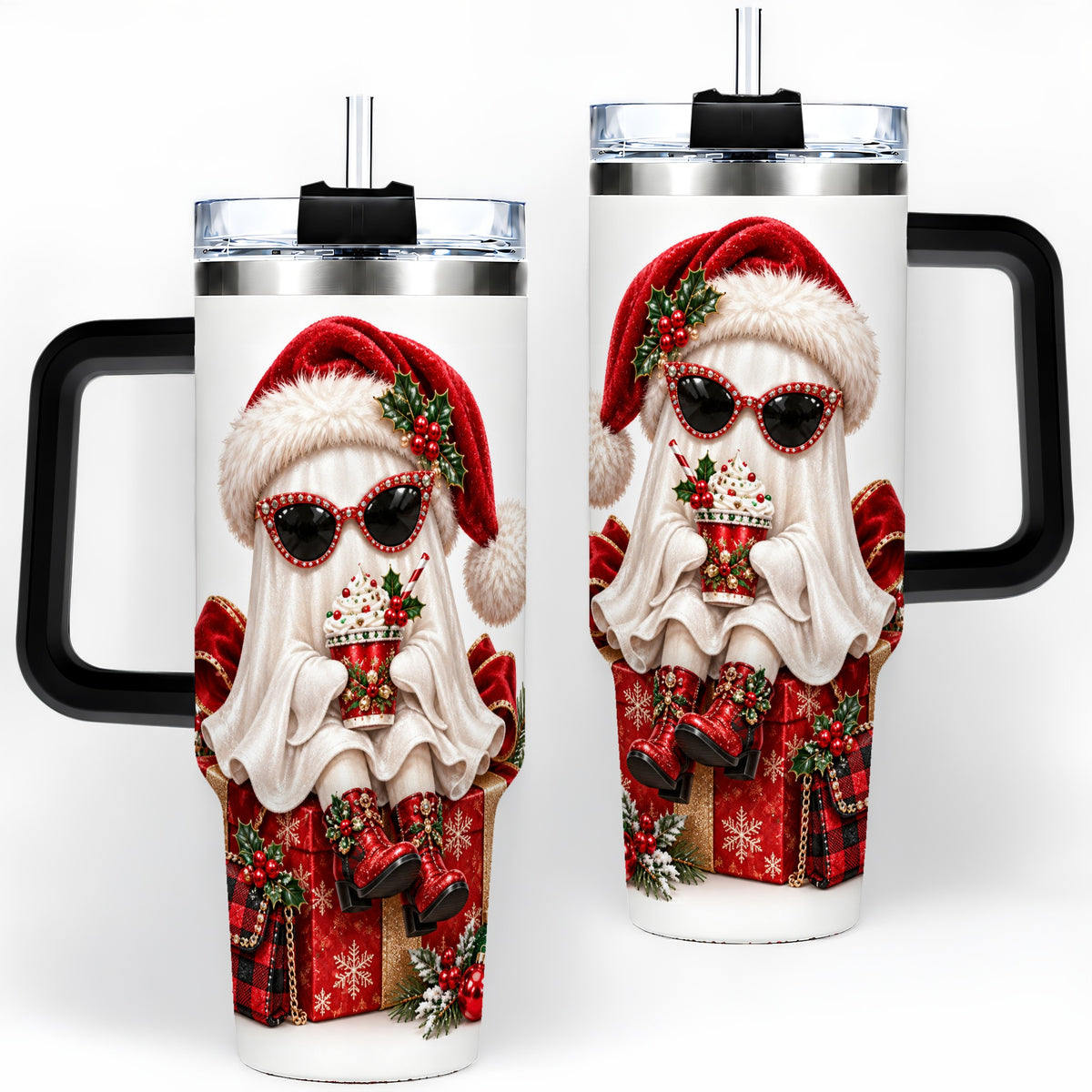 #pl[40oz|Black] Christmas Ghost 40oz Handled Tumbler, Festive Sunglasses Ghost Design