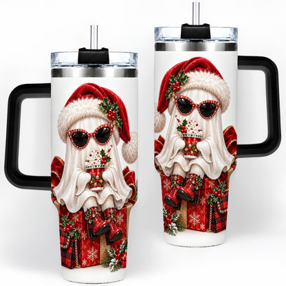 #pl[40oz|Black] Christmas Ghost 40oz Handled Tumbler, Festive Sunglasses Ghost Design