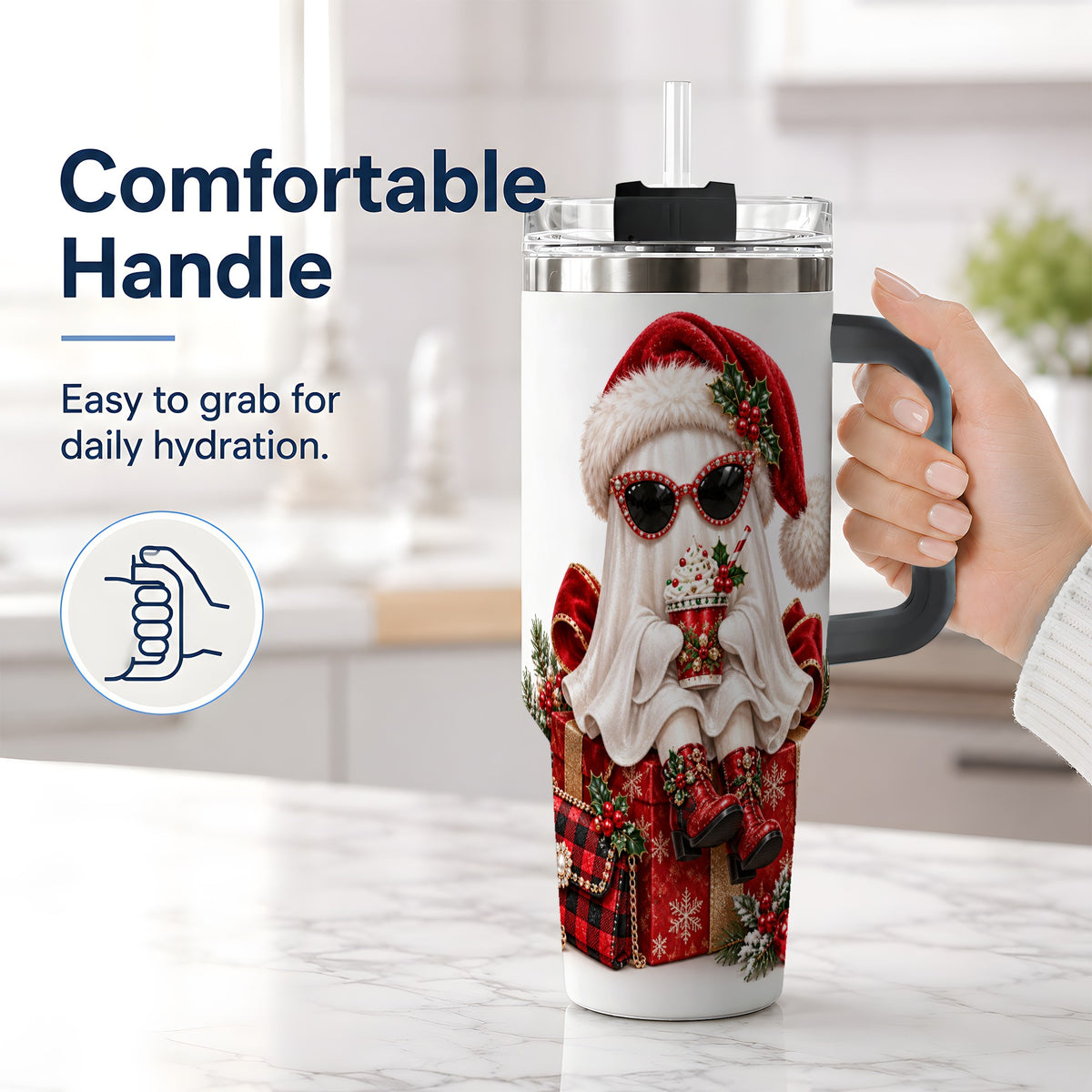 #pl[40oz|Black] Christmas Ghost 40oz Handled Tumbler, Festive Sunglasses Ghost Design