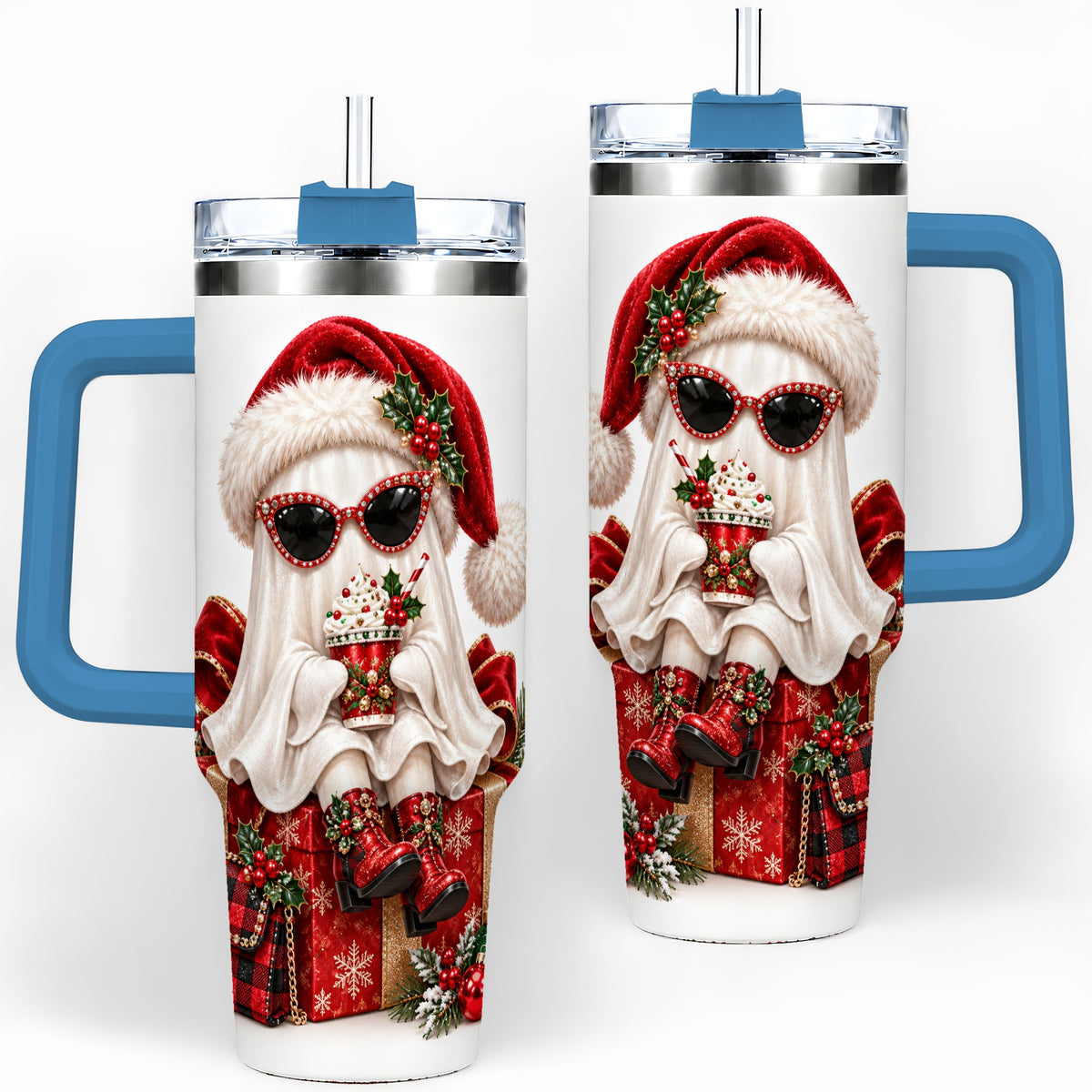 #pl[40oz|Blue] Christmas Ghost 40oz Handled Tumbler, Festive Sunglasses Ghost Design