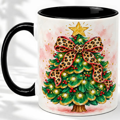 #pl[11oz|Black] Leopard Print Christmas Tree Accent Mug, Ceramic Holiday Cup