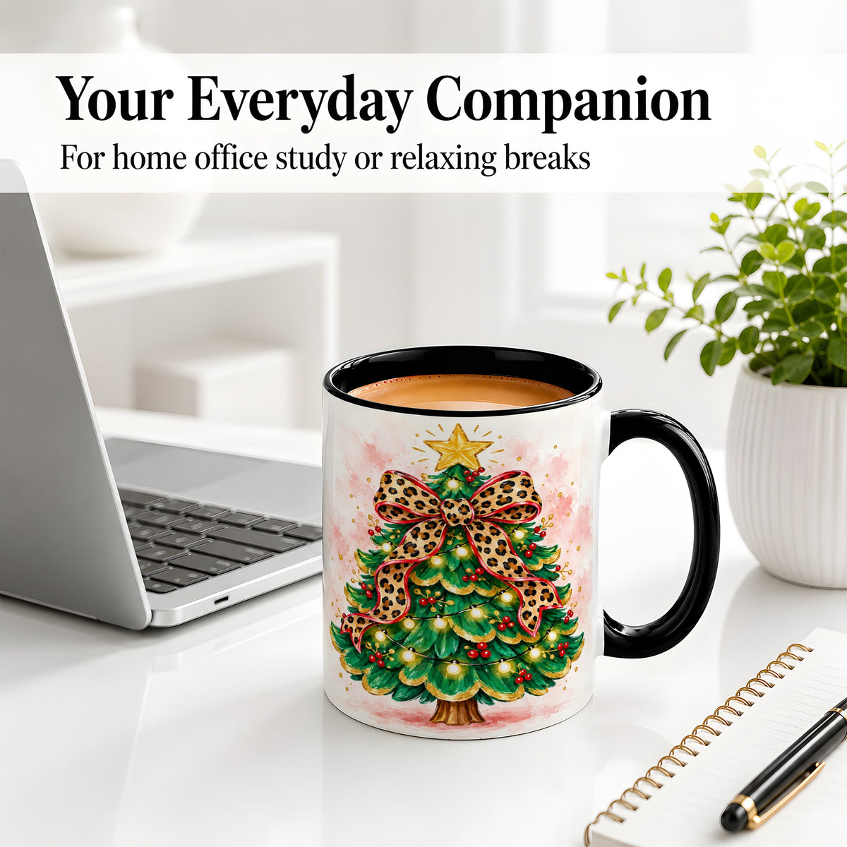 #pl[11oz|Black] Leopard Print Christmas Tree Accent Mug, Ceramic Holiday Cup