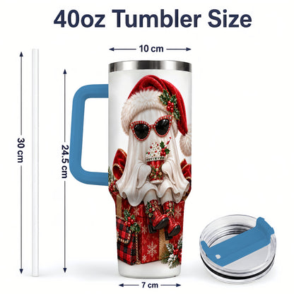 #pl[40oz|Blue] Christmas Ghost 40oz Handled Tumbler, Festive Sunglasses Ghost Design