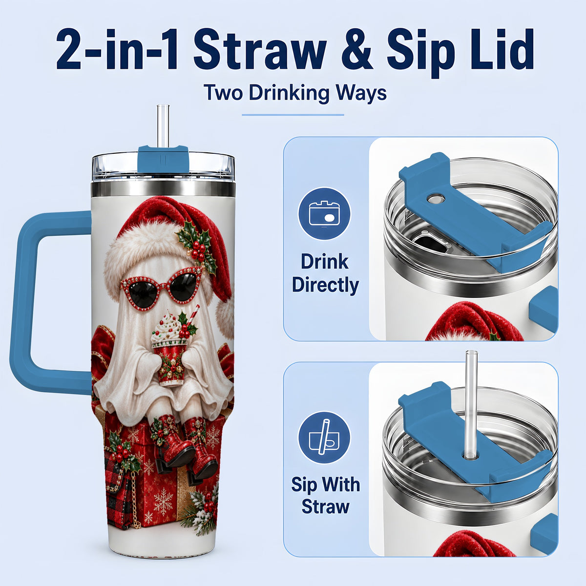 #pl[40oz|Blue] Christmas Ghost 40oz Handled Tumbler, Festive Sunglasses Ghost Design