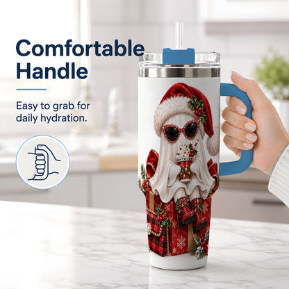 #pl[40oz|Blue] Christmas Ghost 40oz Handled Tumbler, Festive Sunglasses Ghost Design