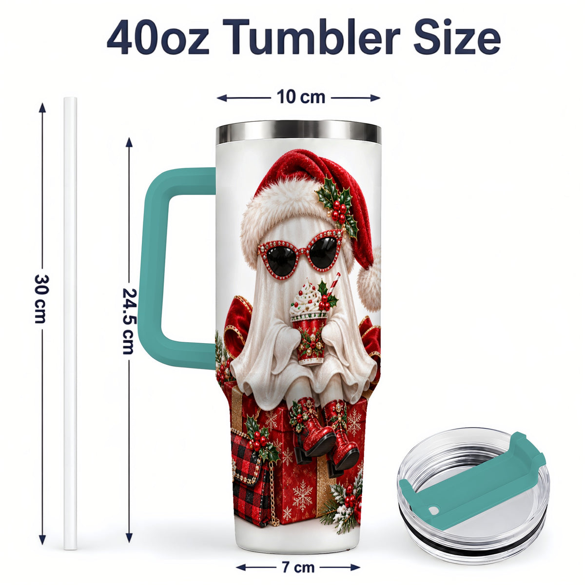#pl[40oz|Green] Christmas Ghost 40oz Handled Tumbler, Festive Sunglasses Ghost Design