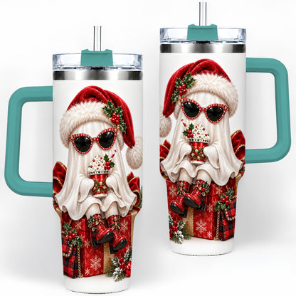 #pl[40oz|Green] Christmas Ghost 40oz Handled Tumbler, Festive Sunglasses Ghost Design