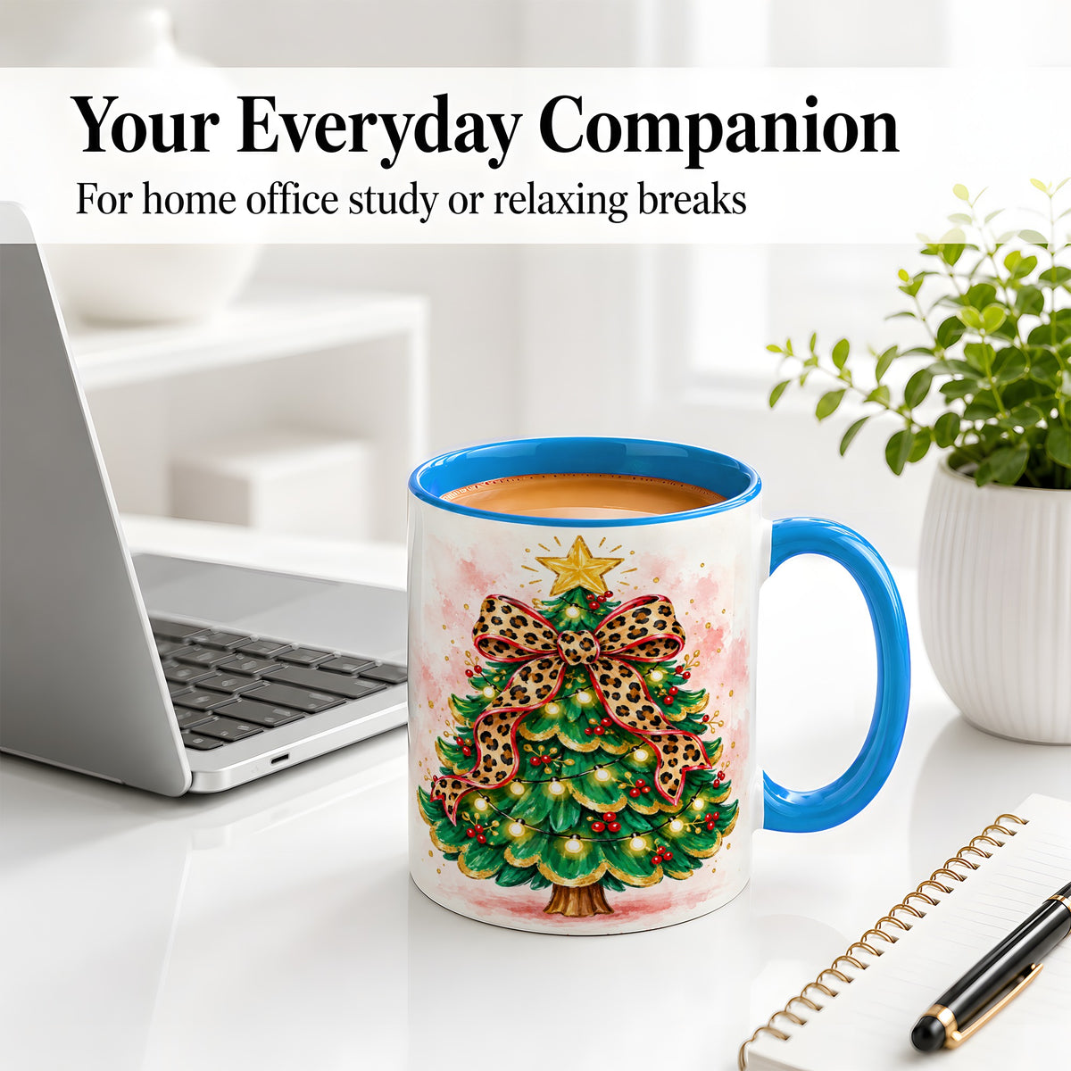 #pl[11oz|Blue] Leopard Print Christmas Tree Accent Mug, Ceramic Holiday Cup